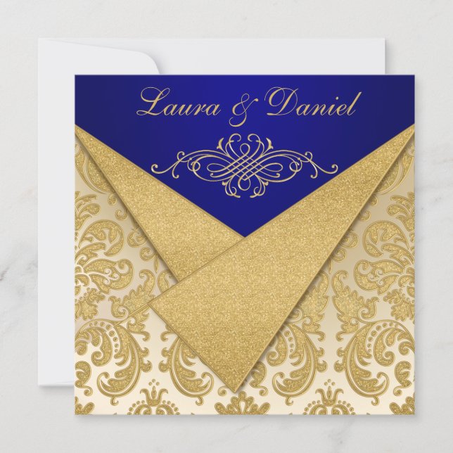 FAUX FLAPS Blue, Gold Damask Anniversary Invite (Front)