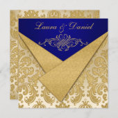 FAUX FLAPS Blue, Gold Damask Anniversary Invite (Front/Back)