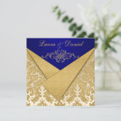 FAUX FLAPS Blue, Gold Damask Anniversary Invite (Standing Front)