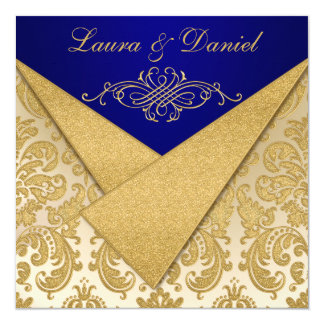FAUX FLAPS Blue, Gold Damask Reception Invite