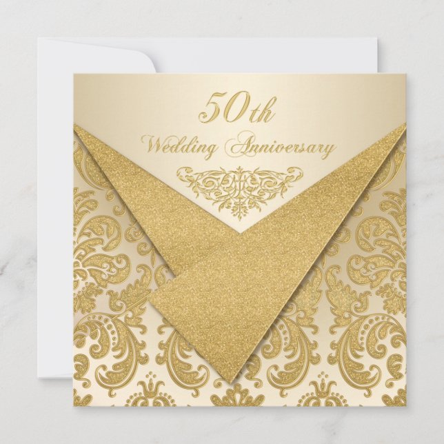 FAUX Flaps Damask 50th Anniversary Invitation (Front)