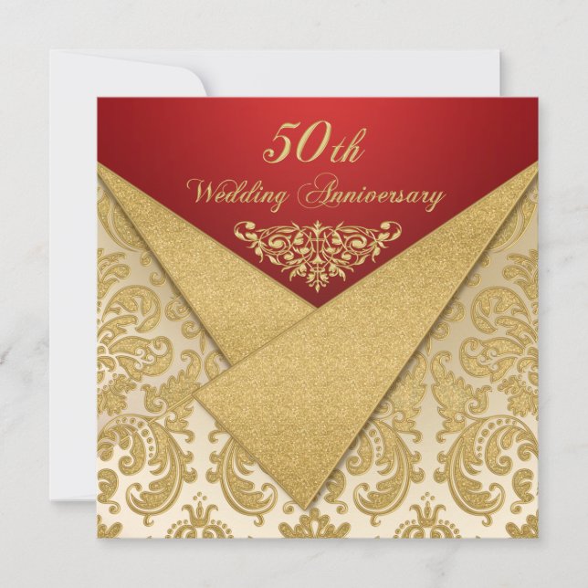 FAUX Flaps Gold Damask 50th Anniversary Invitation (Front)