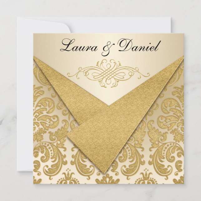 FAUX FLAPS Gold Damask Chandelier Reception Invite (Front)