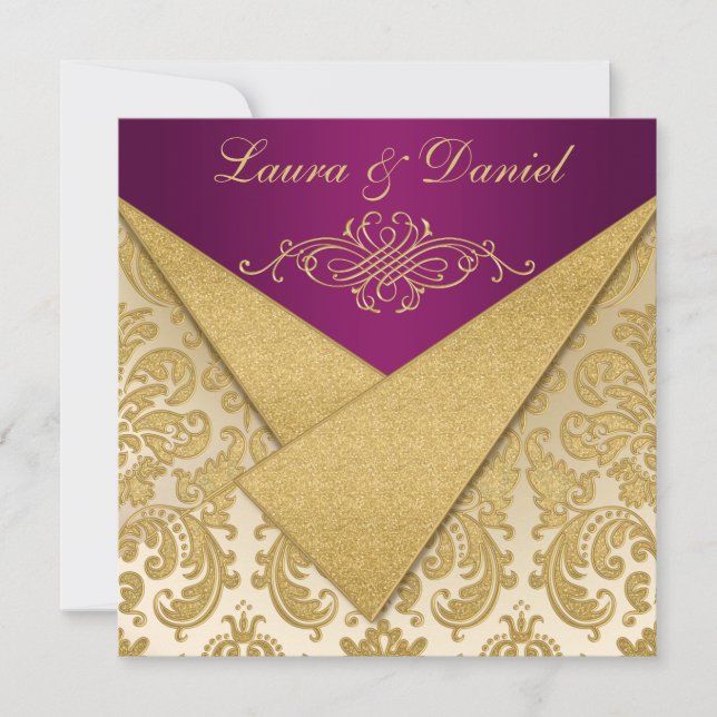 FAUX FLAPS Purple, Gold Damask Reception Invite (Front)