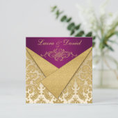 FAUX FLAPS Purple, Gold Damask Reception Invite (Standing Front)