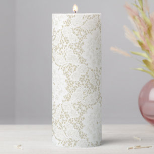 Faux Floral Lace Flowers & Leaves Pillar Candle