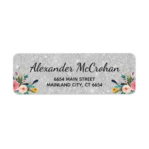 Faux Floral  Silver Glitter Foil Return Address Label