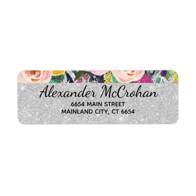 Faux Floral  Silver Glitter Foil Return Address Label (Front)