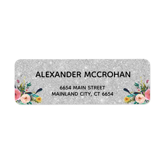 Faux Floral  Silver Glitter Foil Return Address Label (Front)