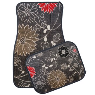 Faux floral textile with red, brown, white flowers car mat