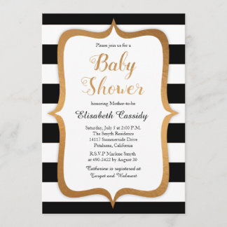 Faux Foil Black Stripes Baby Shower Invitation