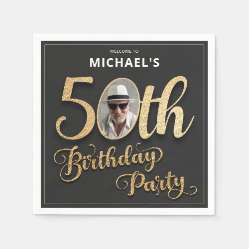 Faux Foil Custom Photo Black Gold 50th Birthday  Napkins