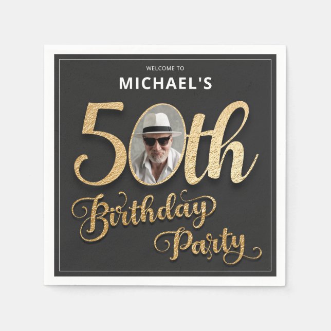 Faux Foil Custom Photo Black Gold 50th Birthday  Napkins (Front)