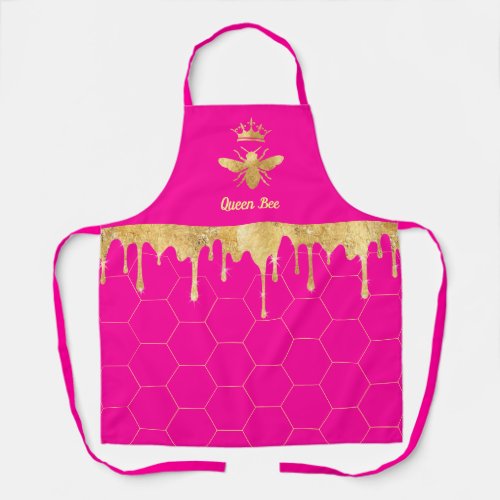 faux foil drips queen bee on pink apron