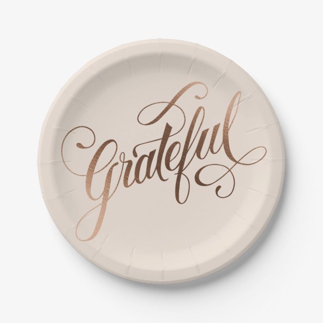 Faux-foil Elegant Grateful Script for Thanksgiving Paper Plates (Front)