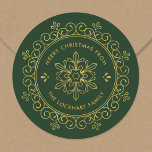 Faux Foil Frame Personalized Christmas Gift Tags<br><div class="desc">Custom printed round holiday gift tag stickers personalized with your Merry Christmas message and name or other custom text. This chic design features an ornate geometric snowflake frame with a faux gold foil look. Use the design tools to choose any background color, edit the text fonts and colors or upload...</div>
