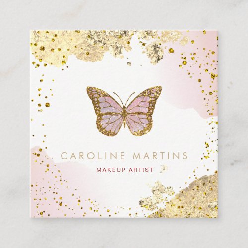 FAUX foil glitter watercolor blush butterfly Square Business Card