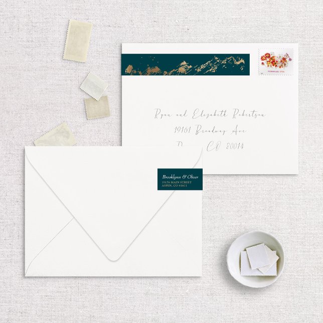 Faux Foil Gold Abstract Mountains on Dark Green Wrap Around Address Label (Creator Uploaded)