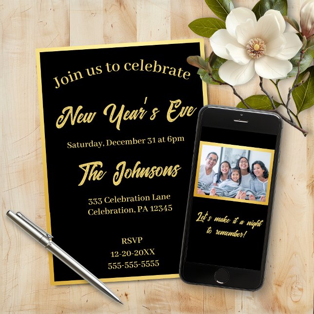 Faux Foil Gold Black Photo New Year’s Eve Party Invitation (Black and gold new year’s eve party invitation )