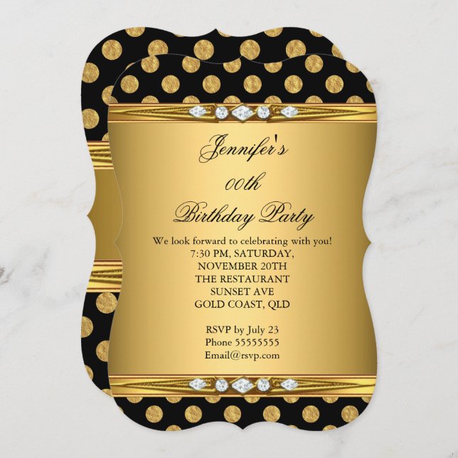 Faux Foil Gold Black Polka Dots Diamond Birthday Invitation (Front/Back)