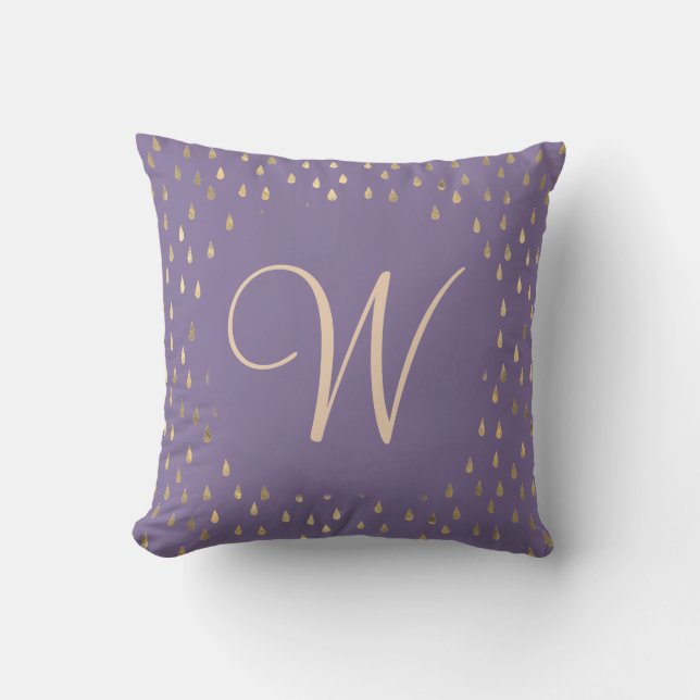 Faux foil gold rain drops trendy monogram throw pillow (Front)