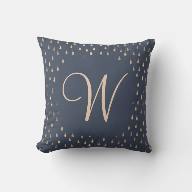 Faux foil gold rain drops trendy monogram throw pillow (Front)