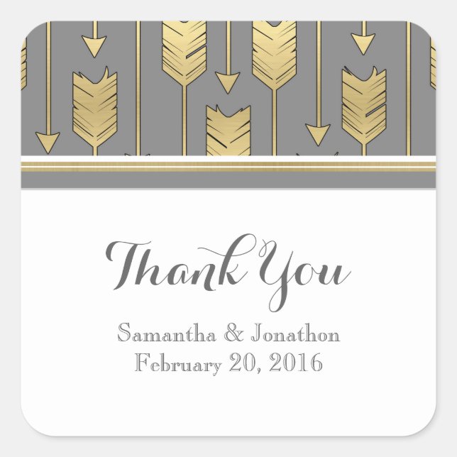 Faux Foil Golden Arrows Gray Wedding Thank You Square Sticker (Front)