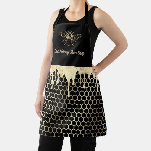 faux foil honey drips bee on black apron