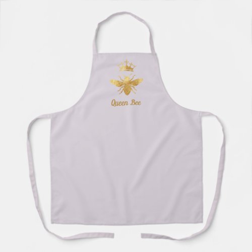 faux foil queen bee logo on lavender apron