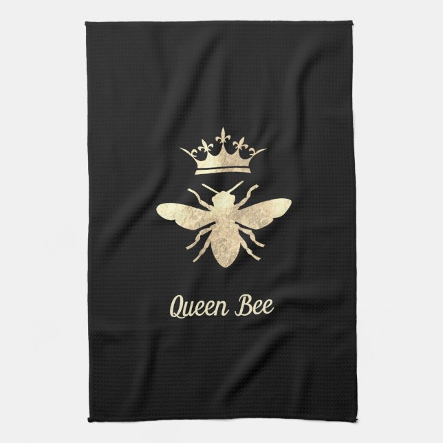 faux foil queen bee on black kitchen towel (Vertical)