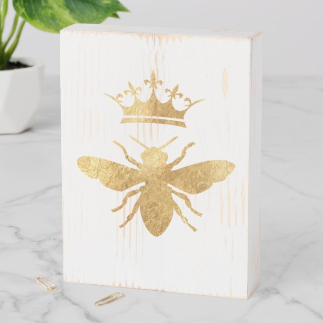 faux foil queen bee wooden box sign (In Situ Vertical)