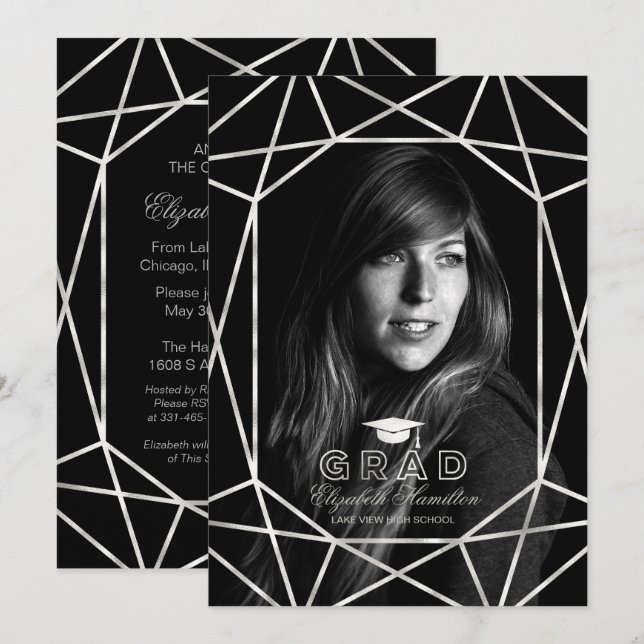 Faux Foil Silver & Black Graduation Party Photo Invitation (Front/Back)