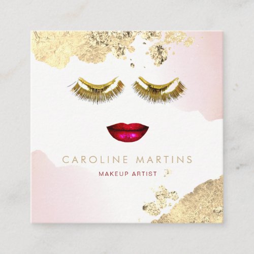 FAUX foil watercolor blush golden lashes Square Business Card