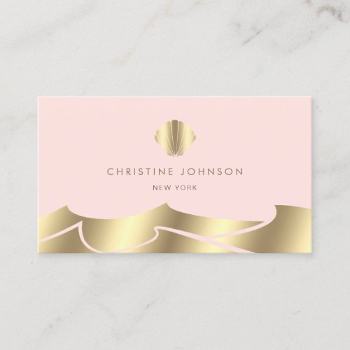 faux foil waves golden seashell on pink business card