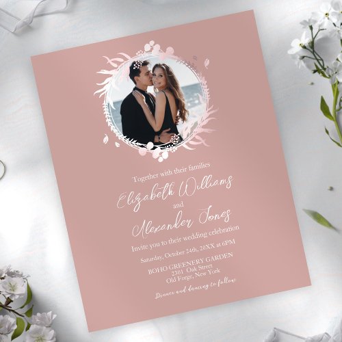 Faux Foil Wreath Photo Budget Wedding Invitation