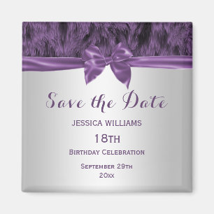 Faux Fur & Purple Bow Birthday Save The Date Magnet