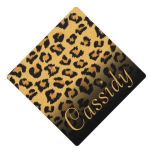 Faux Fur Wild Leopard Print with Gold Name Graduation Cap Topper