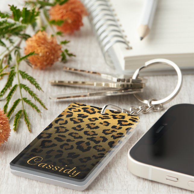 Faux Fur Wild Leopard Print with Gold Name Keychain (Front Right)