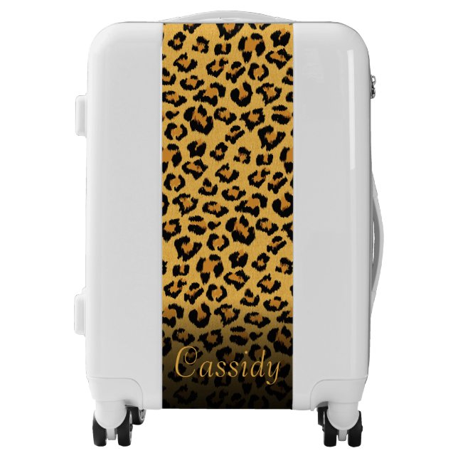 Faux Fur Wild Leopard Print with Gold Name Luggage (Front)