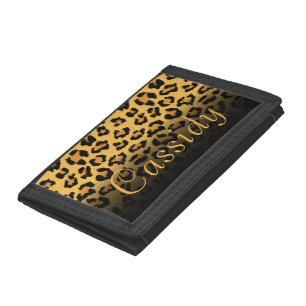 Faux Fur Wild Leopard Print with Gold Name Trifold Wallet