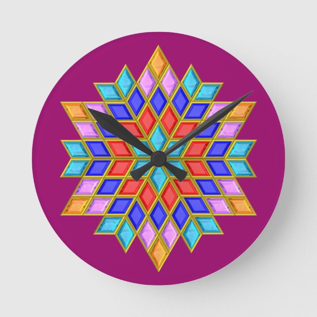 Faux Gemstone Star Quilt Round Clock (Front)