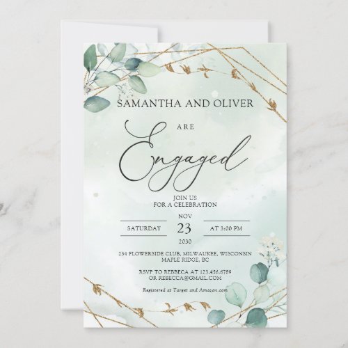 Faux Ggold Geometric Green Eucalyptus Engagement Invitation