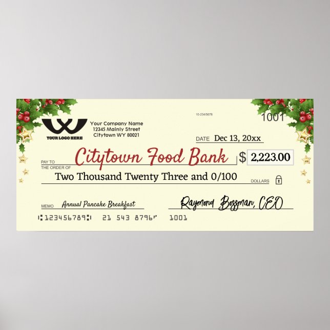 Faux giant charity check Christmas holly stars Poster (Front)