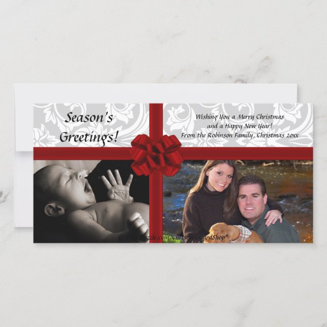 Faux Gift Bow, 2-Photo Christmas Photocard Holiday Card (Front)