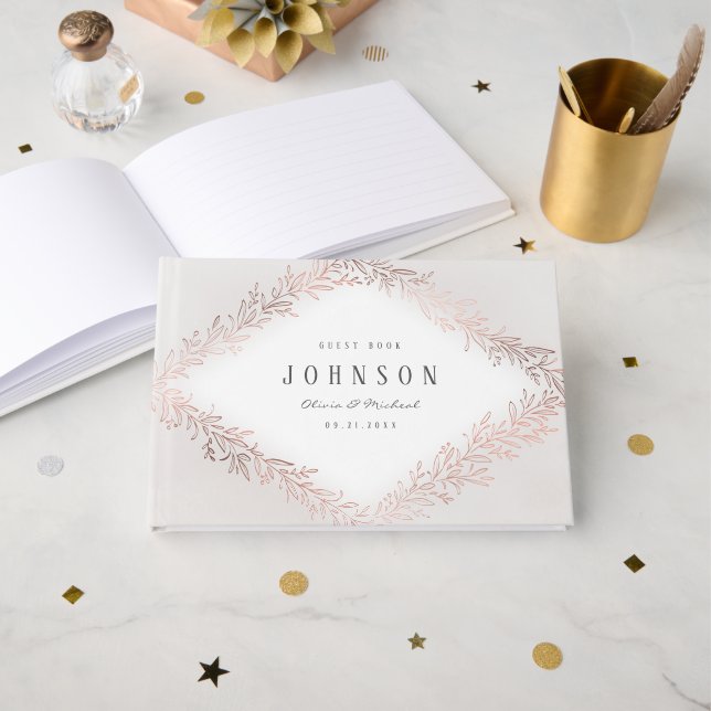 Faux gilded rose gold botanical elegant wedding guest book (Front Open)