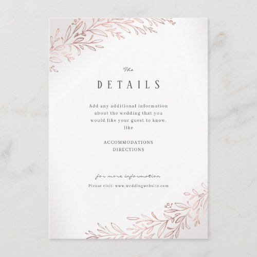 Faux gilded rose gold botanical wedding details enclosure card