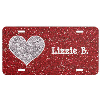 Faux Girly Red and Silver Glitter Hearts License Plate