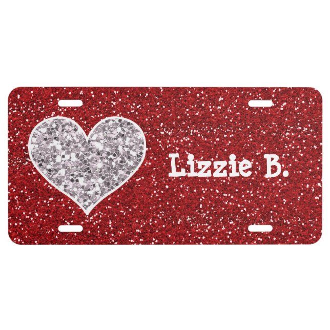 Faux Girly Red and Silver Glitter Hearts License Plate (Front)
