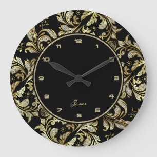Faux Glitter And Gold Lace On Black Background Large Clock