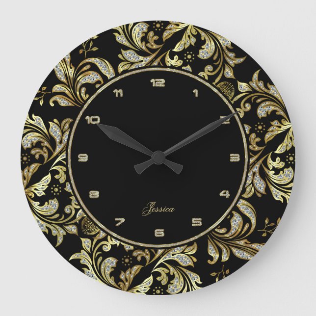 Faux Glitter And Gold Lace On Black Background Large Clock (Front)